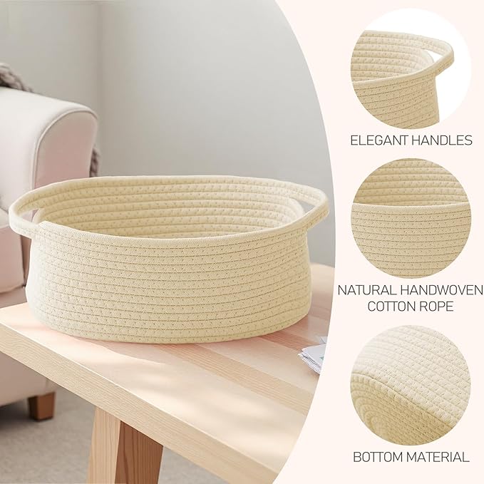 JMvicyroam Woven Basket,Small Rope Storage Bin with Handles & Ribbon Bag, Organizer for Shelves Closets,Gift Basket Empty for Birthday,Books,Dog Toys,Beige/3 Pack