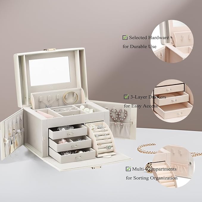 Vlando Mirrored Jewelry Box Organizer, Leather Jewelry Storage Case, Necklaces Earrings Rings Brackets Box Holder, Pearl White