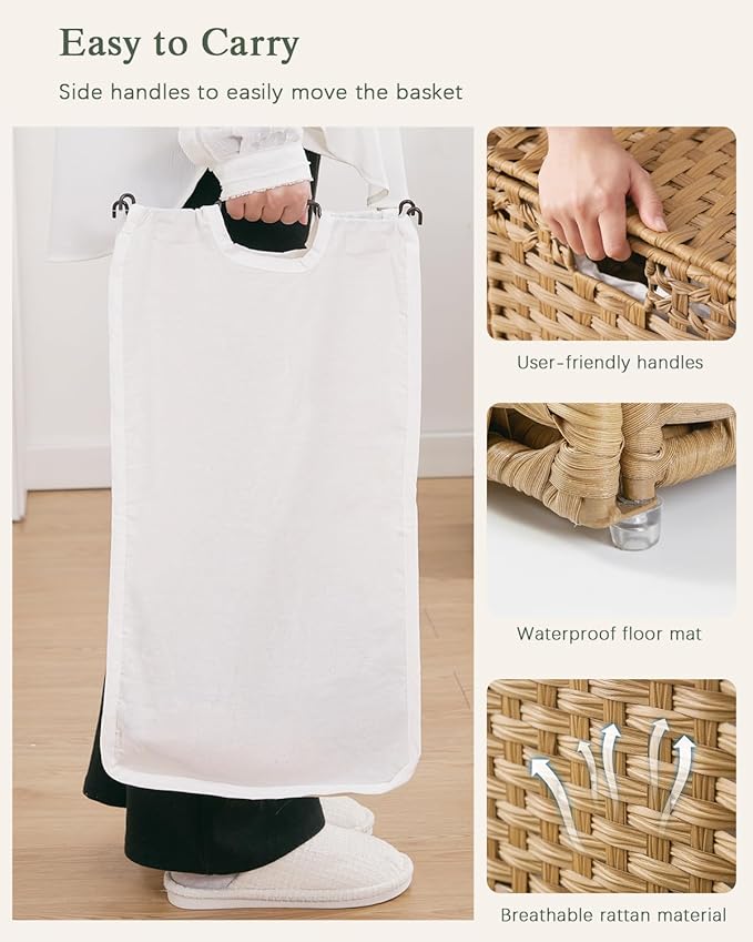 SETVSON Laundry Hamper with Lid Wicker Laundry Basket 112 L (29.6 Gal) Laundry Hampers Handwoven Rattan Clothes Hamper with Handles 3 Removable Liner Bag, 6 Mesh Bags for Bathroom Bedroom Natural