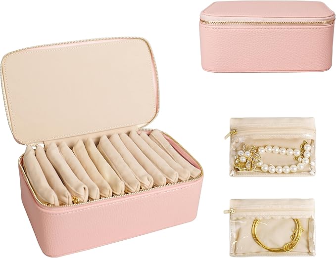 Travel Jewelry Case, Portable Jewelry Box with 6 Jewelry Bags,Travel Gift for Women Teen Girls (Pink 12 Pcs)
