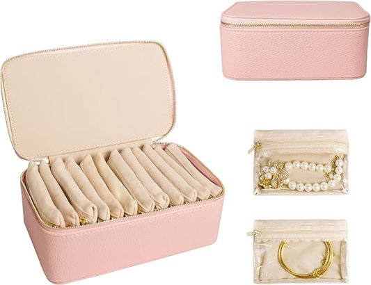 Travel Jewelry Case, Portable Jewelry Box with 6 Jewelry Bags,Travel Gift for Women Teen Girls (Pink 12 Pcs)