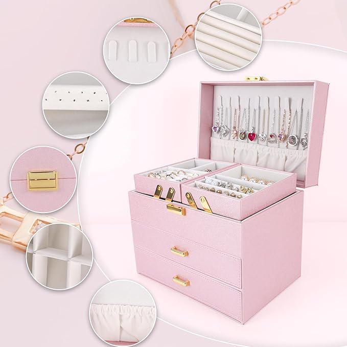 Dajasan Jewelry Organizer Box, Large Jewelry Boxes for Girls, Space-Saving 4 Layers Jewelry Storage Case with Drawer, Gift for Women, Movable Metal Stand, Modern (Pink+ Gold)