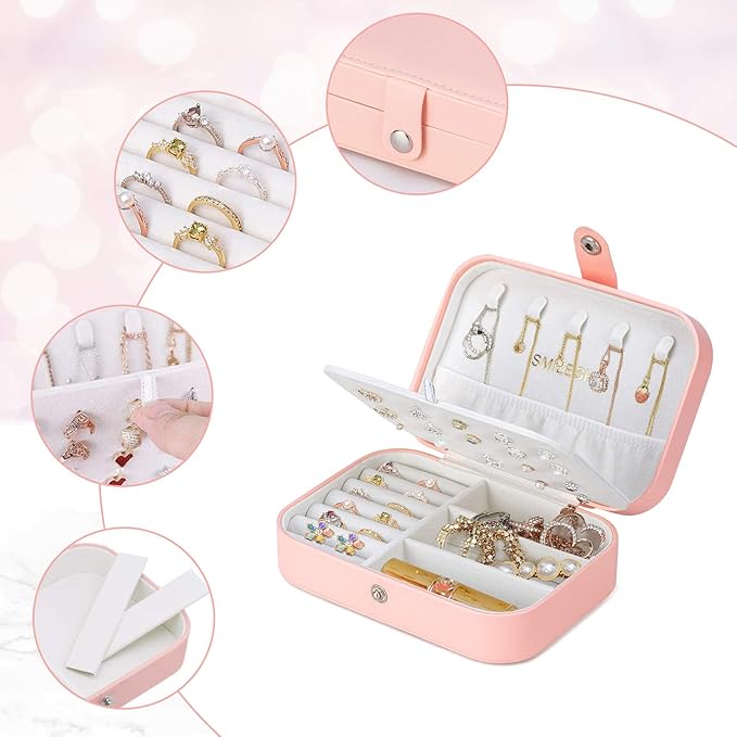Smileshe Jewelry Box, PU Leather Small Portable Travel Case, 2 Layers Organizer Display Storage Holder Box for Rings, Earrings, Necklaces, Bracelets
