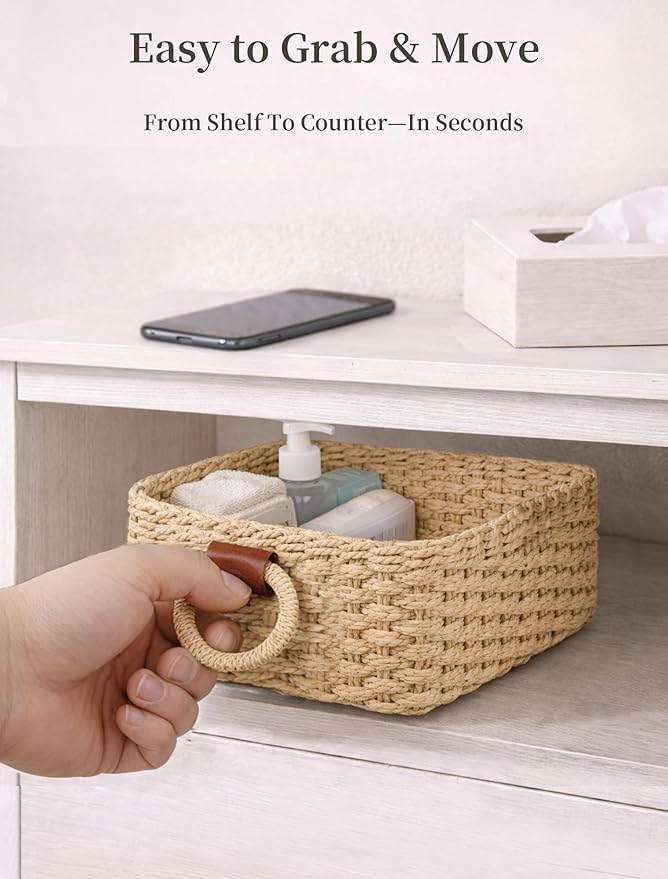 Storage Basket, Recycled Paper Rope Bathroom Basket Organizer, 3Pcs Small Baskets for Organizing, Mini wicker Basket for Decorative Storage Bins, Shelves, Bathroom, Cabinet - Beige