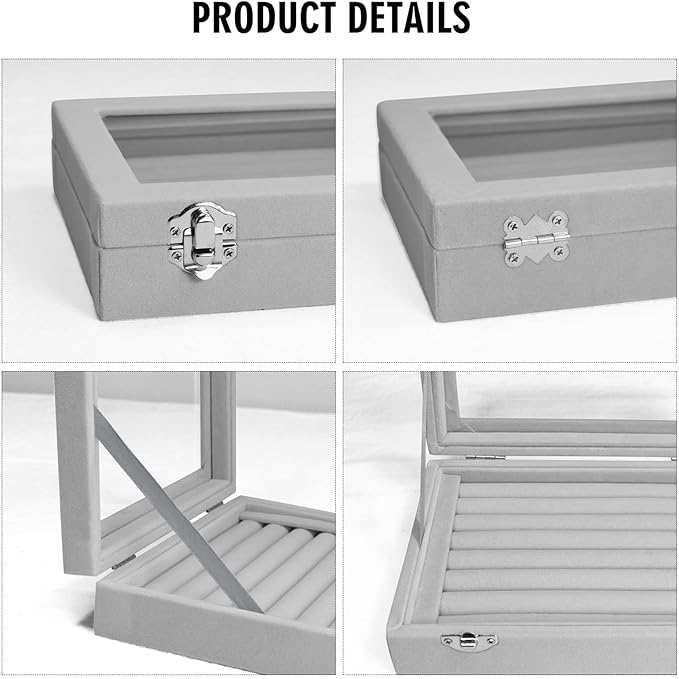 Vicoter Rings Organizer Tray 7 Slots Velvet Jewelry Earring Storage Box with Transparent lid Jewelry Display Case for Girls Wife Mom Women (Grey)
