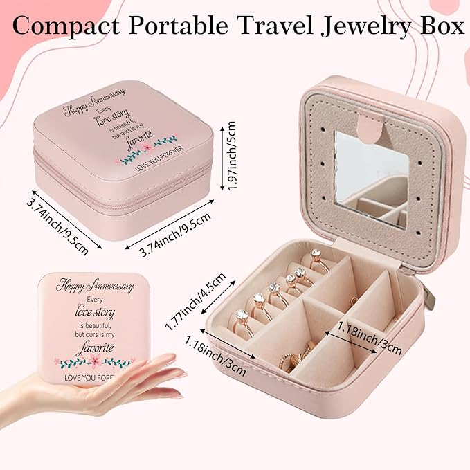 Wedding Anniversary Keepsake Gift for Her Wife Girlfriend Romantic Happy Anniversary Marriage Gift for Women Pink Portable Travel Jewelry Box with Mirror Jewelry Display Case Holder Organizer
