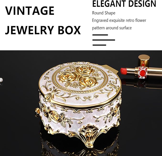 Hipiwe Round Jewery Box Metal Trinket Organizer Decorative Keepsake Box for Trrasure Ring Earring Holder Vintage Jewelry Display Case, Beige, 5.7" L x 5.1" W x 3.5" H