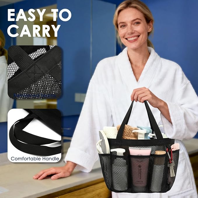 GYEUKHAM Large Mesh Shower Caddy Portable with 8-Pocket for College Dorm Room Essentials,Quick-Dry Handing Shower Basket Tote Bag for Toiletry, Bathroom,Beach,Camp,Gym,Black