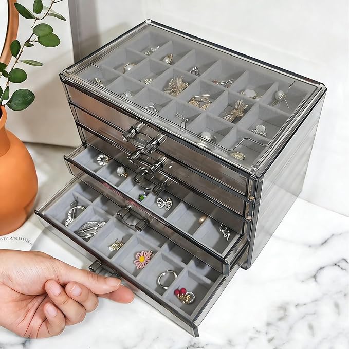 Acrylic Earring Holder Organizer with 5 Drawers Clear Earring Organizer Box with 90 Adjustable Grids Velvet Earring Display Case Jewelry Organizer for Earrings Rings Studs (Brown Gray)