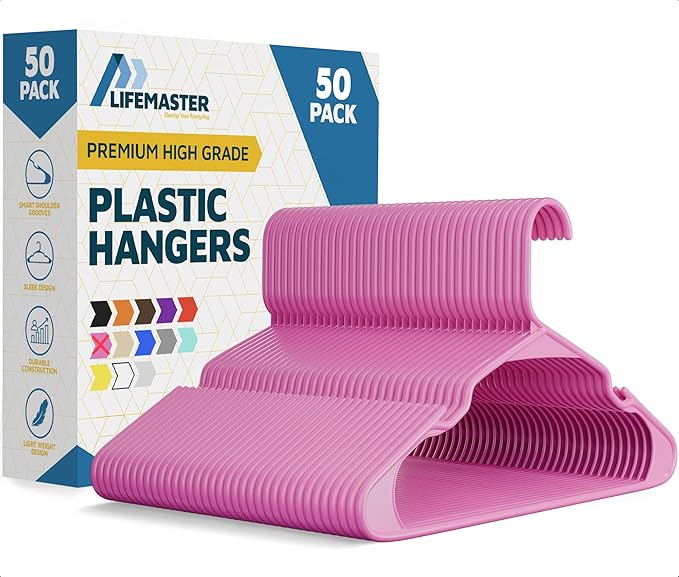 Lifemaster Plastic Clothes Hangers – Heavy Duty Hanger Set, for Organizing Clothes, Dresses, and Coat, Holds Up to 5 lbs, Space-Saving Hangers with Non-Slip Shoulder Grooves, Pack of 50, Pink