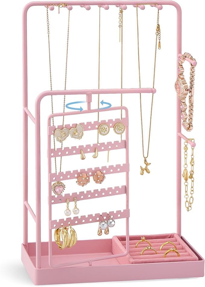ProCase Jewelry Stand Holder Organizer, Jewelry Display Storage with Ring Tray, Rotating Earring Bracelet Necklace Holder, Valentine's Gifts Room Dorm Decor for Teen Girls -Pink (No-Assembly)