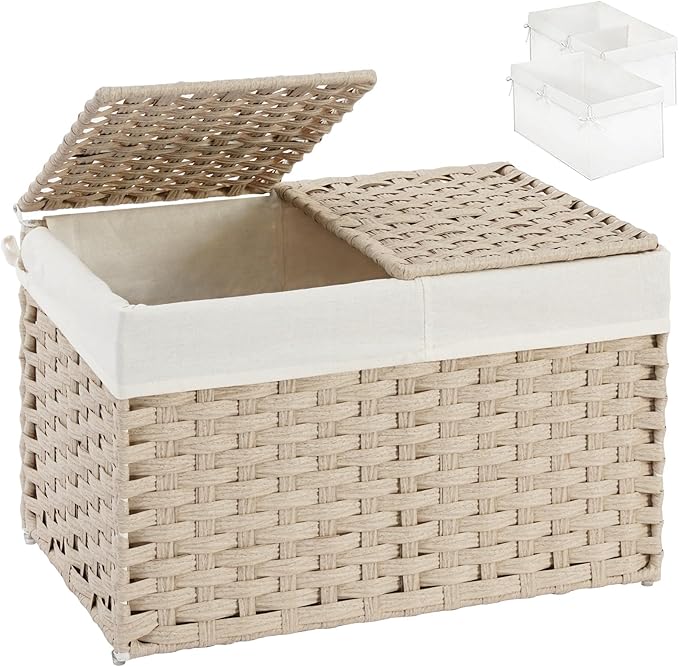 SETVSON Storage Basket with Lid Rattan Woven Storage Baskets with 2 Separate Lids, 17.2 Gallon (65 L) Wicker Storage Bins Foldable 2 Removable Liner Bags Handles for Bedroom, Laundry Room Light Khaki