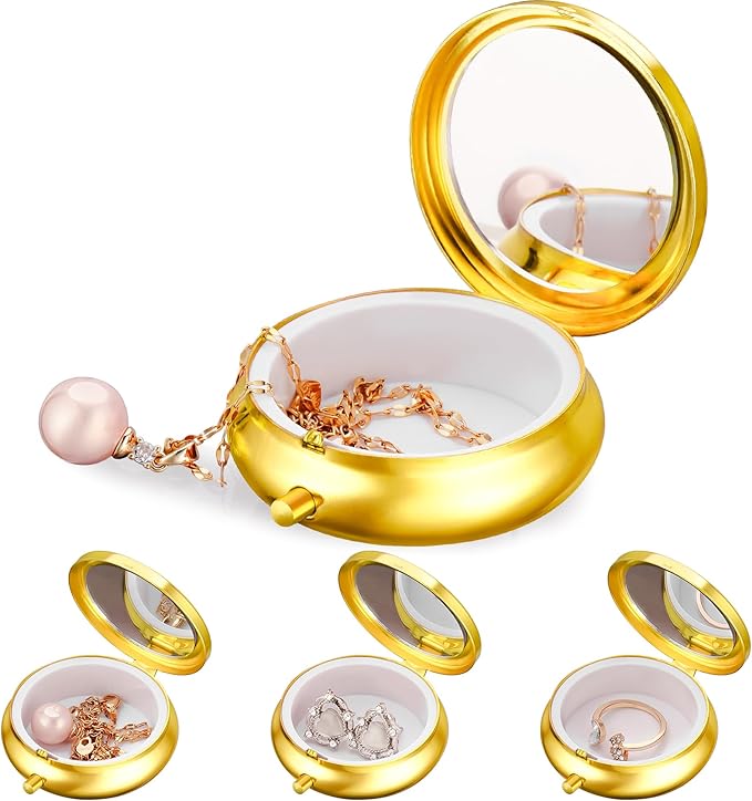 Mini Travel Jewelry Box with Built-In Mirror, Ultra-Portable Jewelry Holder for Rings, Necklaces, Earrings, Pills, Tea Bags, Small Accessories, Press-to-Open Multifunctional Storage (Gold)