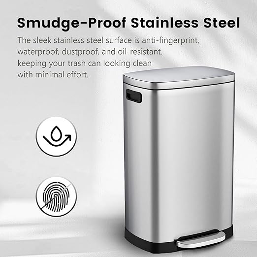 ELPHECO Kitchen Trash Can with Lid Soft Close,13 Gallon / 50L Stainless Steel Pedal Garbage Can, Heavy-Duty Fingerprint Proof Step Wastebasket with 20 Bags, Removable Bucket, Home Office, Silver