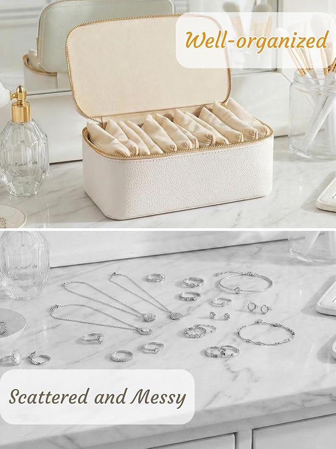 Hacaroa Travel Jewelry Case with 12 Velvet Pouches, Jewelry Storage Organizer Box PU Leather, Clear Window Small Bags Wedding Gifts for Earrings, Necklaces, Bracelets, Rings, Women, Girls, Cream White