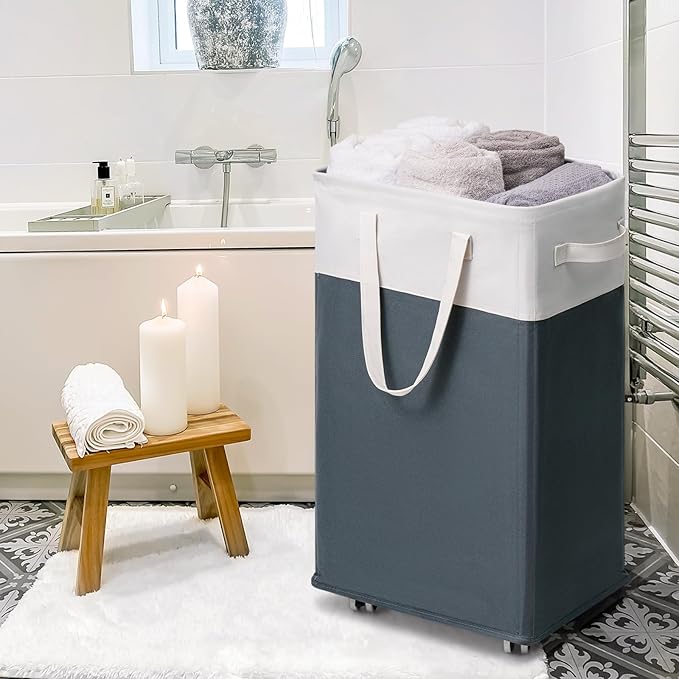 Goodpick Laundry Basket with Wheels, 75L Laundry Hamper for Dirty Clothes, College Dorm Essentials, Clothes Hamper for Livng Room, Grey&White