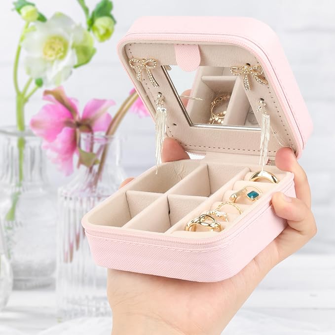Travel jewelry case,Small Jewelry Box Organizer with Mirror, Gift for Women Girls,3.9"x3.9",Black,1Pack