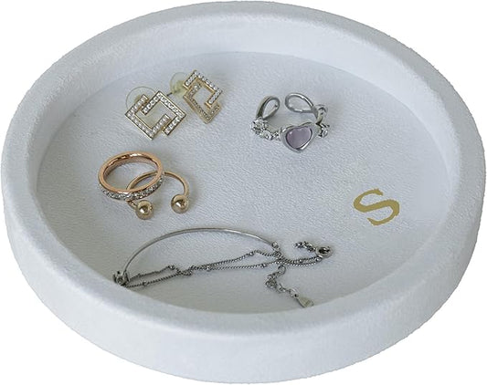 COLLECTIVE HOME - Velvet Jewelry Tray, 6" Monogrammed Jewelry Dish, Smooth Velour Display Dish for Rings, Earrings, Necklaces, Makeup, Personalized Gifts for Women (White-s)