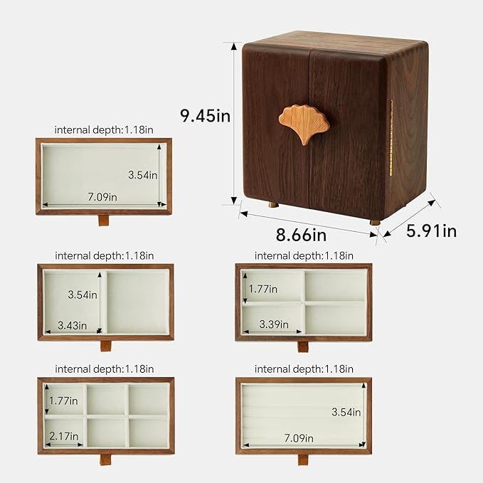 Solid Black Walnut Wood Jewelry Box for Women & Men, Large Velvet Lined Wooden Jewelry Organizer with 5 Drawers, Hand Carved Ginkgo Leaf Handles, Double Door Wardrobe Design