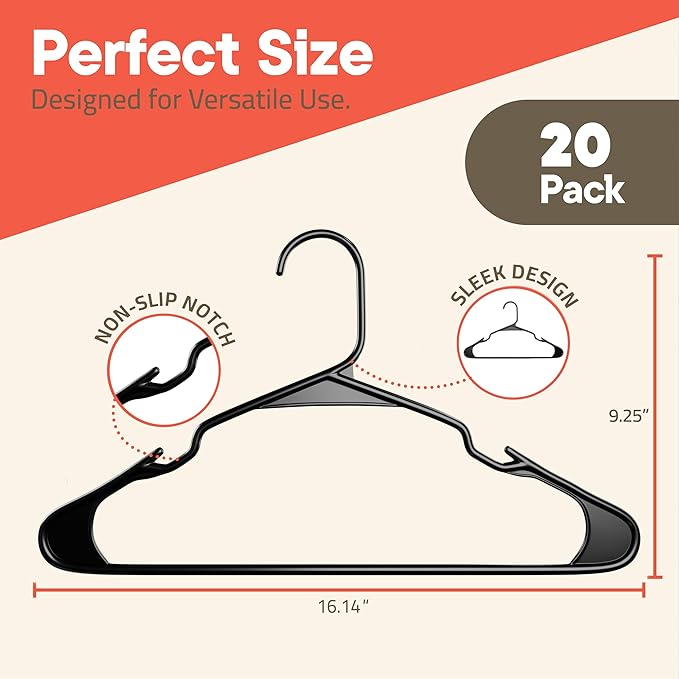 Black Plastic Hangers 20 Pack– Heavy-Duty Plastic Hangers Slim and Space-Saving, Durable and Lightweight PP with Non-Slip Shoulder Notches for Slip Dresses, Suits, Jackets & Camisoles