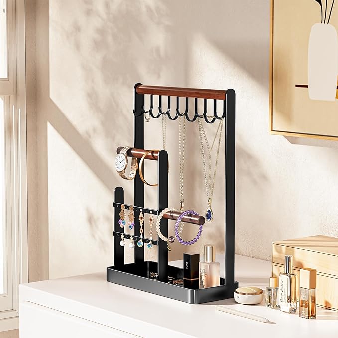 ProCase Cute Jewelry Stand, Aesthetic Jewelry Organizer for Dresser Vanity, Jewelry Holder Display for Necklaces Earrings, Gifts for Teen Girls Women, Bedroom Dorm Decor -Medium, Black