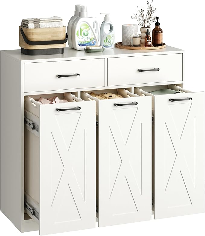 Herture Laundry Hamper Cabinet, Laundry Basket 3 Section with 2 Storage Drawers, Laundry Sorter with Pull-Out Removable Large Bags, 3 x 15.87 Gallons (60L), for Laundry Room Bathroom, White YL01XLW