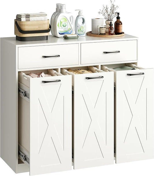 Herture Laundry Hamper Cabinet, Laundry Basket 3 Section with 2 Storage Drawers, Laundry Sorter with Pull-Out Removable Large Bags, 3 x 15.87 Gallons (60L), for Laundry Room Bathroom, White YL01XLW