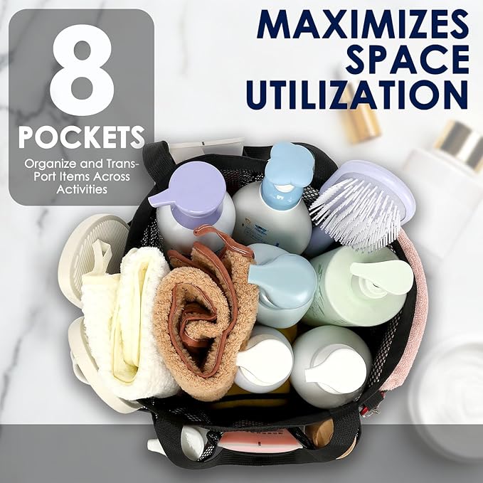 GYEUKHAM Large Mesh Shower Caddy Portable with 8-Pocket for College Dorm Room Essentials,Quick-Dry Handing Shower Basket Tote Bag for Toiletry, Bathroom,Beach,Camp,Gym,Black
