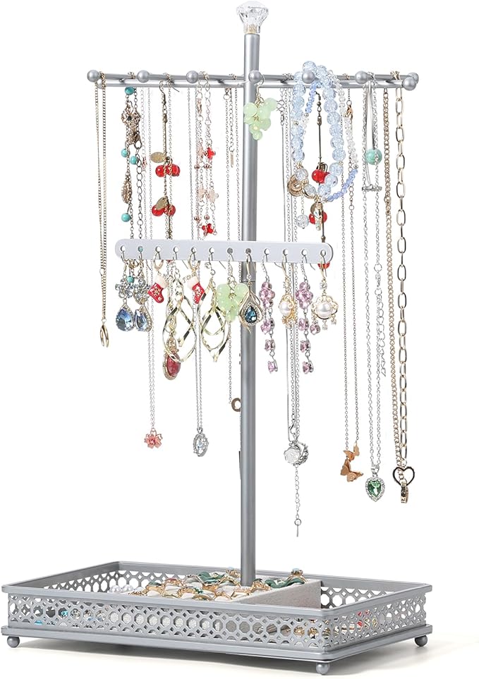 Meangood Jewelry Organizer Stand, 15.6" H Jewelry Tree Display Holder Stand for Bracelets Necklaces Earrings Rings, Gift for Women Girls (Silver)