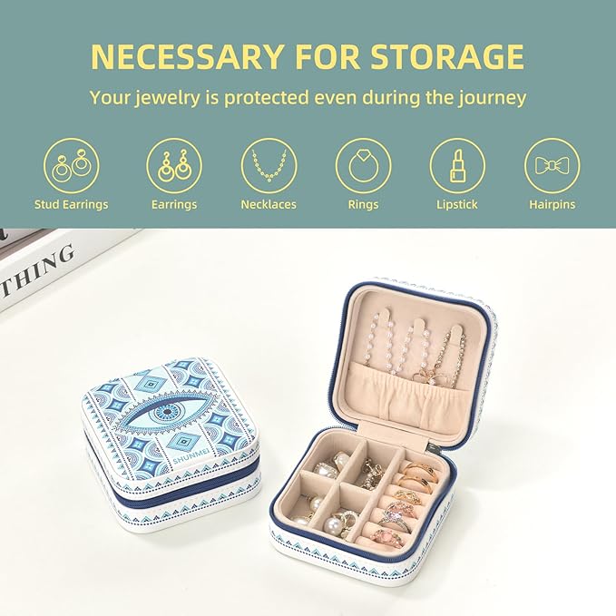 shunmei Mini Travel Jewelry Box,PU Leather Portable Jewelry Organizer Case,Art Accessories Storage Holder Boxes for Earring, Necklace, Rings, Bracelets (White Eyes)