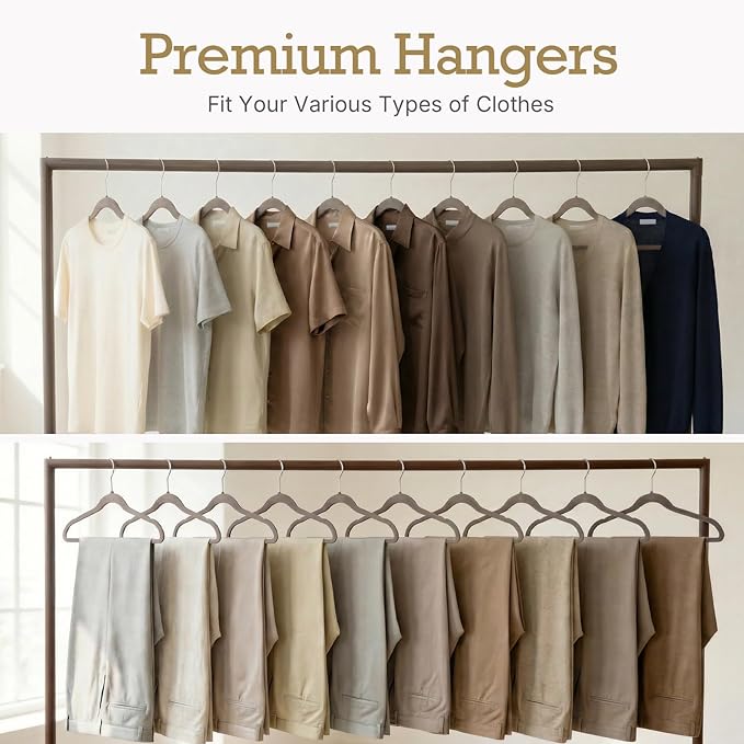 HOUSE DAY Taupe Velvet Hangers 60 Pack, Non Slip Clothes Felt Hanger Heavy Duty for Coat, Premium Slim Space Saving Suit Hangers for Closet Organizer, 360° Rotating Silver Hook
