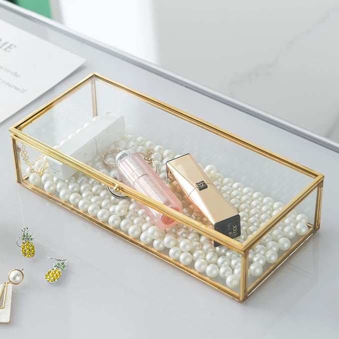 Vintage Glass Keepsake Box, Rectangle Jewelry Display Organizer Box Vanity Lidded Box Home Decor Accent Decorative Box for Storage Trinket Rings Bracelet