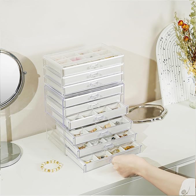 Lolalet Earring Holder Organizer Box Jewelry Storage with 9 Drawers, Clear Acrylic Stackable Earring Case with Adjustable Velvet Trays for Women on Dresser Vanity -Warmwhite, 9 Layers