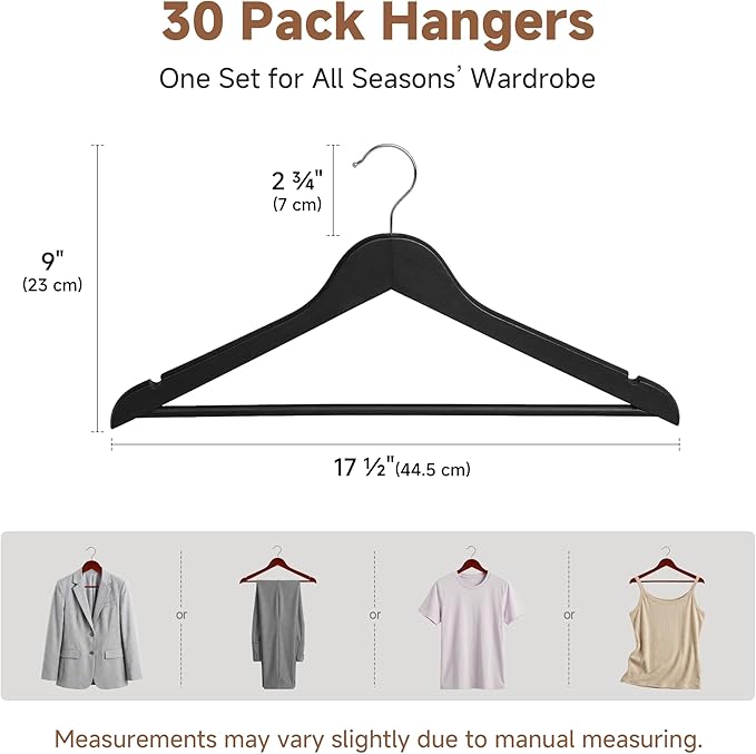 StorageWorks Black Wooden Hangers 30 Pack, Heavy Duty Wood Hangers for Closet, Clothes Hangers for Coats, Shirts, Pants, Suits