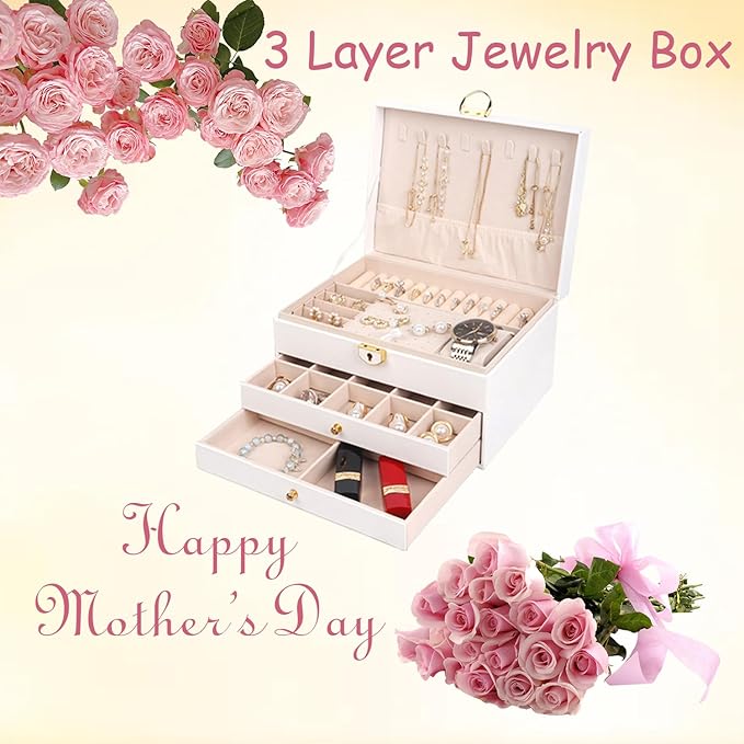 3 Layer Jewelry Box Organizer with Drawers, Lockable PU Leather Jewelry Storage Case for Mothrer's Day gifts Necklace Earring Ring Bracelet Watch, White