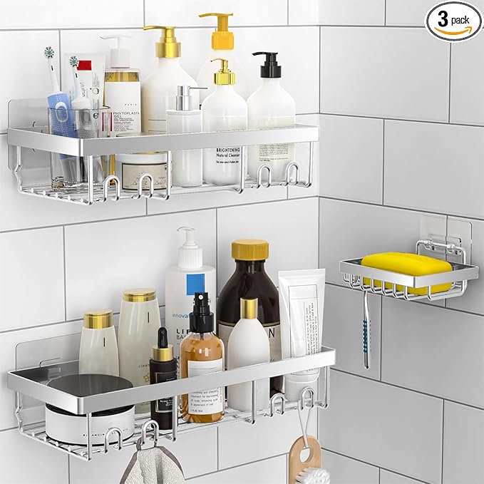 Moforoco 3-Pack Shower Caddy Basket Shelf with Soap Holder, No Drilling Traceless Adhesive Shower Wall Shelves, Rustproof Silver Bathroom Shower Storage Organizer