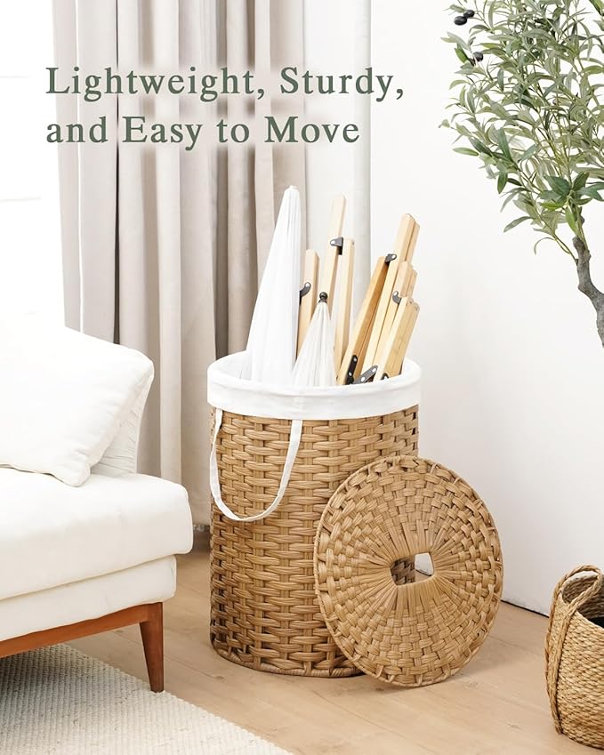 SETVSON Laundry Hamper with Lid 23.8 Gal (90 L) Round Laundry Basket with Lid Handwoven Clothes Hamper Removable Bag 2 Mesh Bags Rattan Woven Basket Handles for Bathroom Living Room Natural