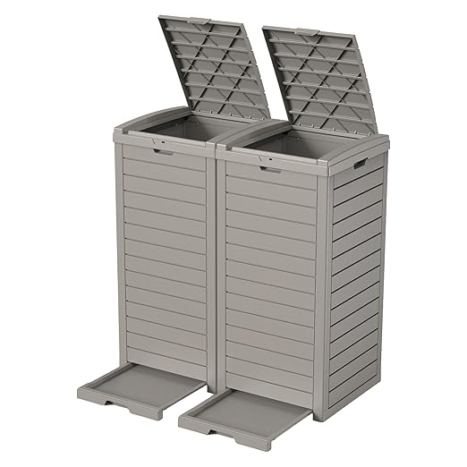 EFU 38 Gallon Outdoor Trash Can with Lid & Drip Tray, Dual Garbage Can for Patio Backyard Deck,Large Heavy Duty Waste Container Bin，Light Coffee