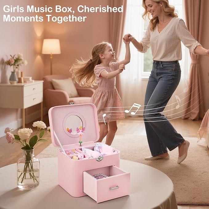 Basumee Musical Jewelry Box for Girls PU Leather Music Box with Drawer Large Kids Jewelry Organizer with Unicorn/Ballerina Jewelry Storage for Little Girls Ages 3–10, Birthday & Holiday Present