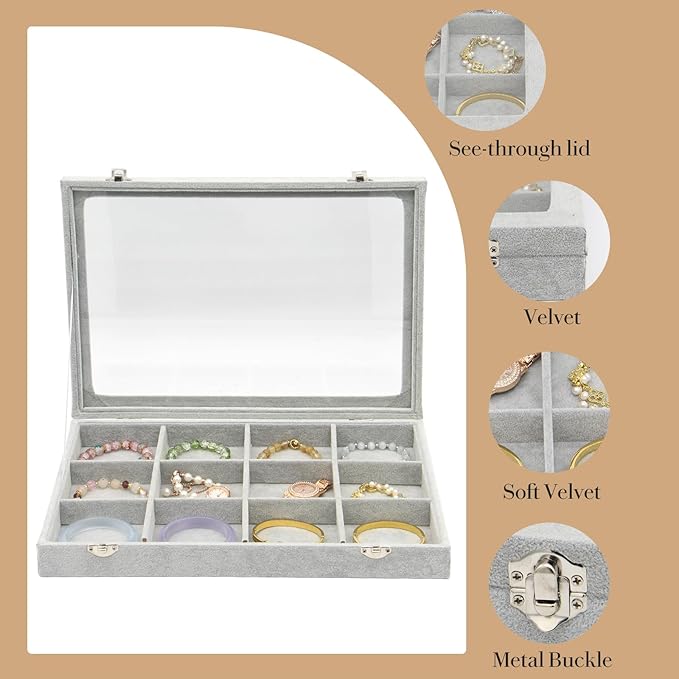 KOOAAICCHI Jewelry Organizer Bracelet Organizer Storage Box 12 Grid Stackable Jewelry Tray with Lid Velvet Jewelry Box Case Organizer for Home Drawer Desk or Store Selling Show(Velvet Grey)