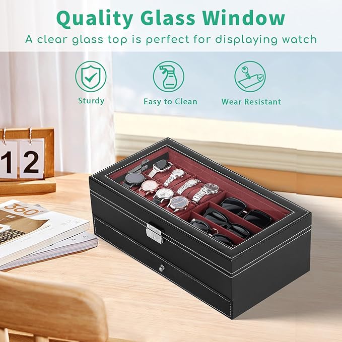 TomCare Watch Box 2-Tier Watch Case Jewelry Organizer Box with Thick Glass Lid Lockable Watch Organizer Jewelry Display Holder Sunglass Rings Necklaces Bracelets Storage Organizer for Men Women