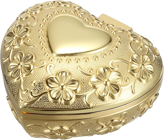 Hipiwe Vintage Jewelry Box Heart Shape Trinket Chest Metal Gold Treasure Storage Case for Rings Earrings Necklace Keepsake Organizer Gift for Woman