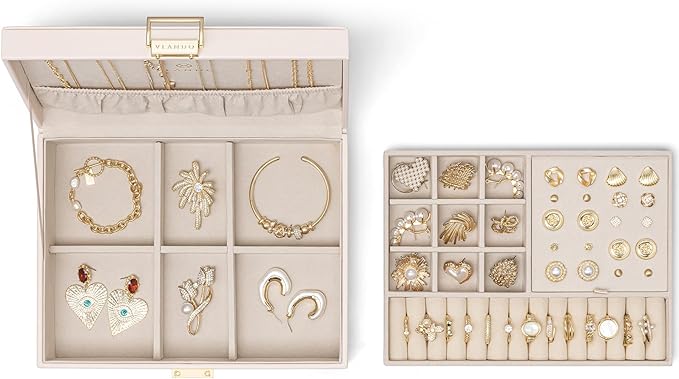 VLANDO 2 Layer Jewelry Box Large Jewelry Organizer for Women Removable Jewelery Tray for Necklace Earrings Rings Bracelets Mothers Gifts for Mom Wife (Light Pink)