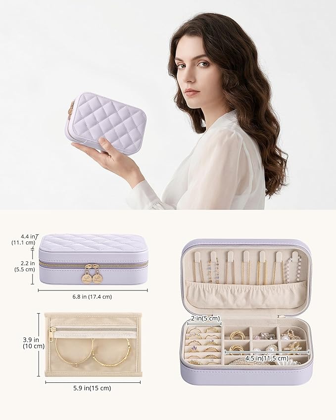 Lolalet Travel Jewelry Case for Women Girls, PU Leather Jewelry Organizer with Clear Storage Bag Small Portable Jewelry Box for Necklace Bracelet Earring Ring Mothers Day Birthday Gifts -Medium/Purple
