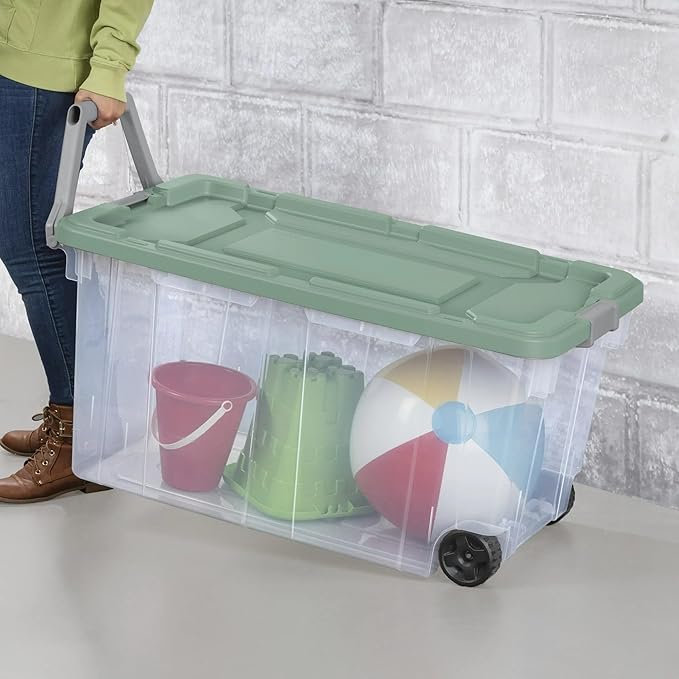 Ratiyae 160 Quart Wheeled Storage Box, Extra Large Durable Clear Plastic Bin, Latch Lid, Lt Green, 2 Count