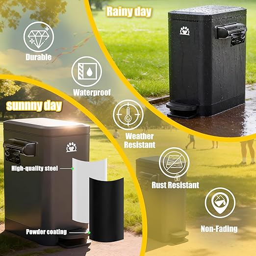 Dog Poop Trash Can Outside,3Gal Metal Outdoor Trash Can,Outdoor Dog Poop Trash Can with Lid for Odor Control,Waterproof Dog Waste Trash Can - Includes Poop Scooper for Dogs & Bin Bag Holder (Black)