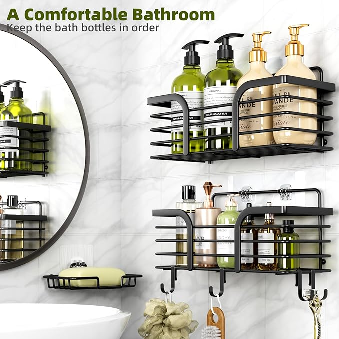 Yougai Shower Caddy, Shower Organizer with Soap Holder and Hooks, Rustproof Shower Shelves, No Drilling Bathroom Organizers and Storage, Wall-Mounted Kitchen & Home Decor (Black)