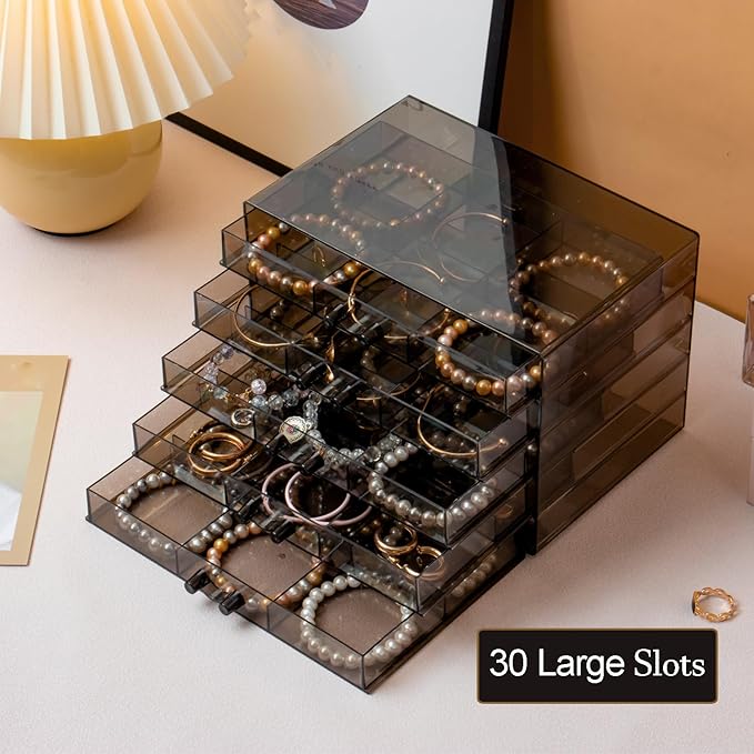 SPAKOWN Earring Organizer, Acrylic Earring Box Large 30 Compartments Jewelry Holder Organizer with 5 Drawers Stackable Earring Bracelet Storage Case Jewelry Boxes for Women (Black)