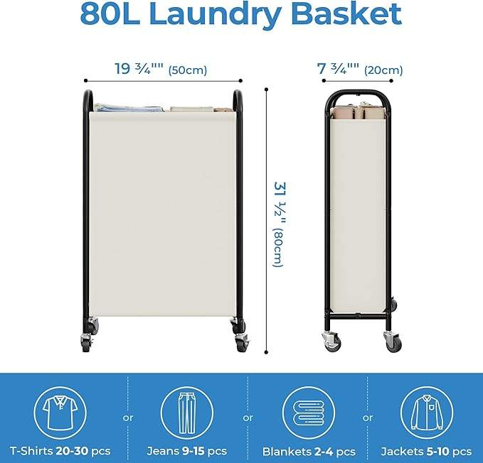 GRANNY SAYS 80L Slim Laundry Hamper with Silent Brake Wheels, Sturdy Metal Frame & Handle, Rolling Laundry Basket for Laundry Room, Bedroom, Bathroom, or RV – Great for Singles or Couples, Beige