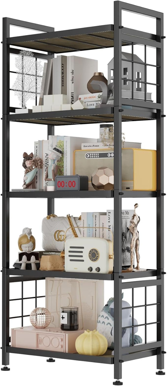 GIOTORENT 5-Tier Pantry Shelves with Wooden Boards, Heavy Duty Storage Shelves & Book Shelf, Adjustable Metal Shelving Unit for Kitchen Bathroom Laundry Organizer, Sturdy Rust-Resistant, Black